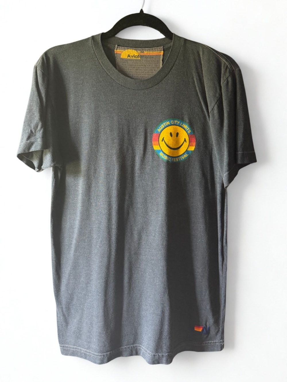 Aviator Nation Black Tee with Rainbow Smiley Patch